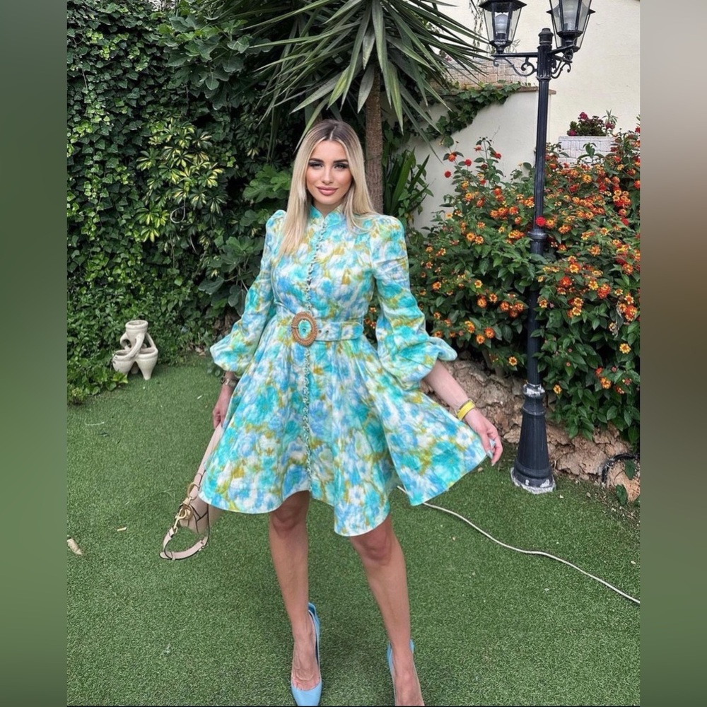 Turquoise Floral print linen dress US 4